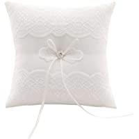 XYJIE Marfil Satén y Perla Anillo de Boda Portador Almohada Cojín Bordar Encaje de Flores con Arco- 20 cm x 20 cm…